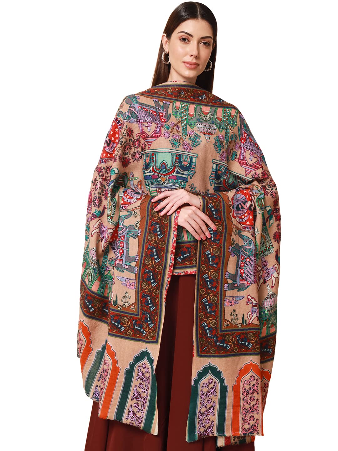 Pashmoda Women Noor Pure Wool Kalamkari Hand Embroidered Shawl (Size: 101 X 203 Cms)