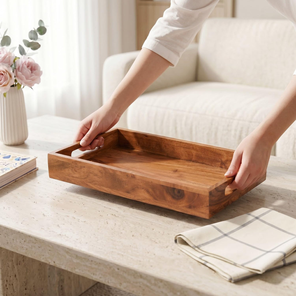 Nestasia Wooden Serving Tray with Handles (36x20cm) - Acacia Wood Rectangular Brown Tray for Dining & Coffee Table | Platter for Serving Tea, Cakes, Snacks, Breakfast & Home Décor (Warm Honey-Brown)