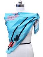 leeza store Women's Silk Scarf For Women, Sky Blue Floral Border Digital Printed, 40X40, Elegant Soft Stole & Head Wrap