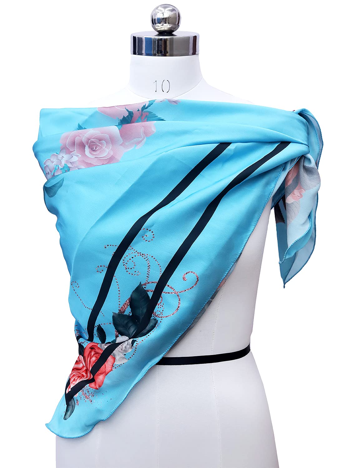 leeza store Women's Silk Scarf For Women, Sky Blue Floral Border Digital Printed, 40X40, Elegant Soft Stole & Head Wrap