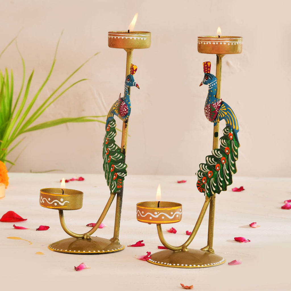CraftVatika Metal Peacock Candle Holder Set of 2 - Perfect House Decoration Diwali Gifting Items, Handpainted Tealight Candle Holders for Home Christmas Décor (21.5 CM Height)