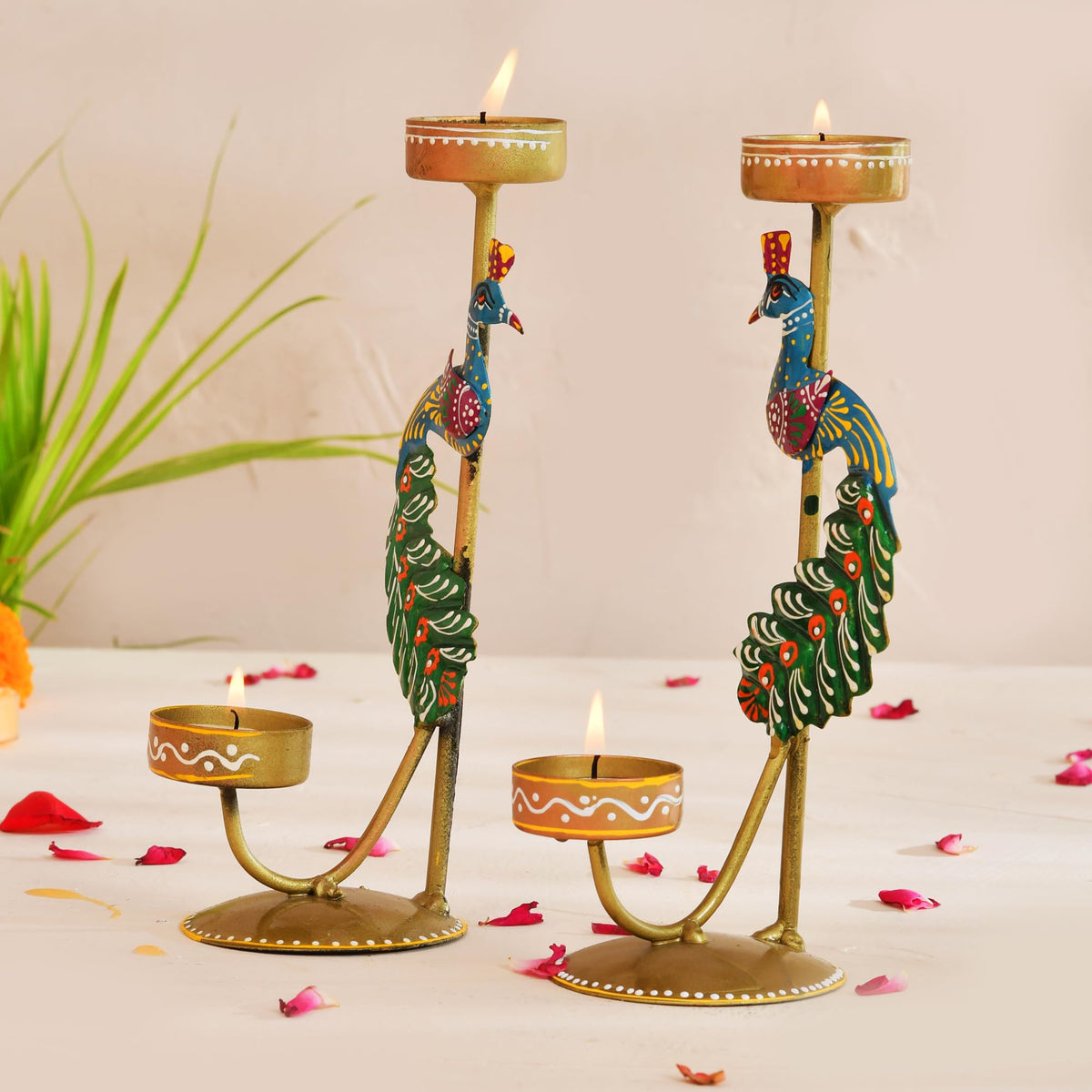 CraftVatika Metal Peacock Candle Holder Set of 2 - Perfect House Decoration Diwali Gifting Items, Handpainted Tealight Candle Holders for Home Christmas Décor (21.5 CM Height)
