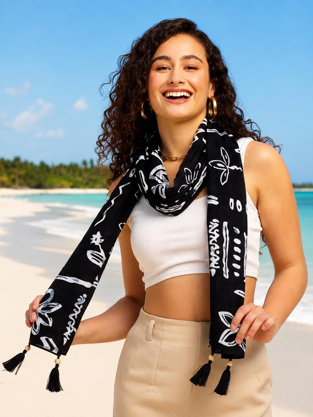 KE KANHA EXPORTS|Cotton Scarf For Women|Beach Printed Tassel Scarf|Multicolor|70x20 Inch