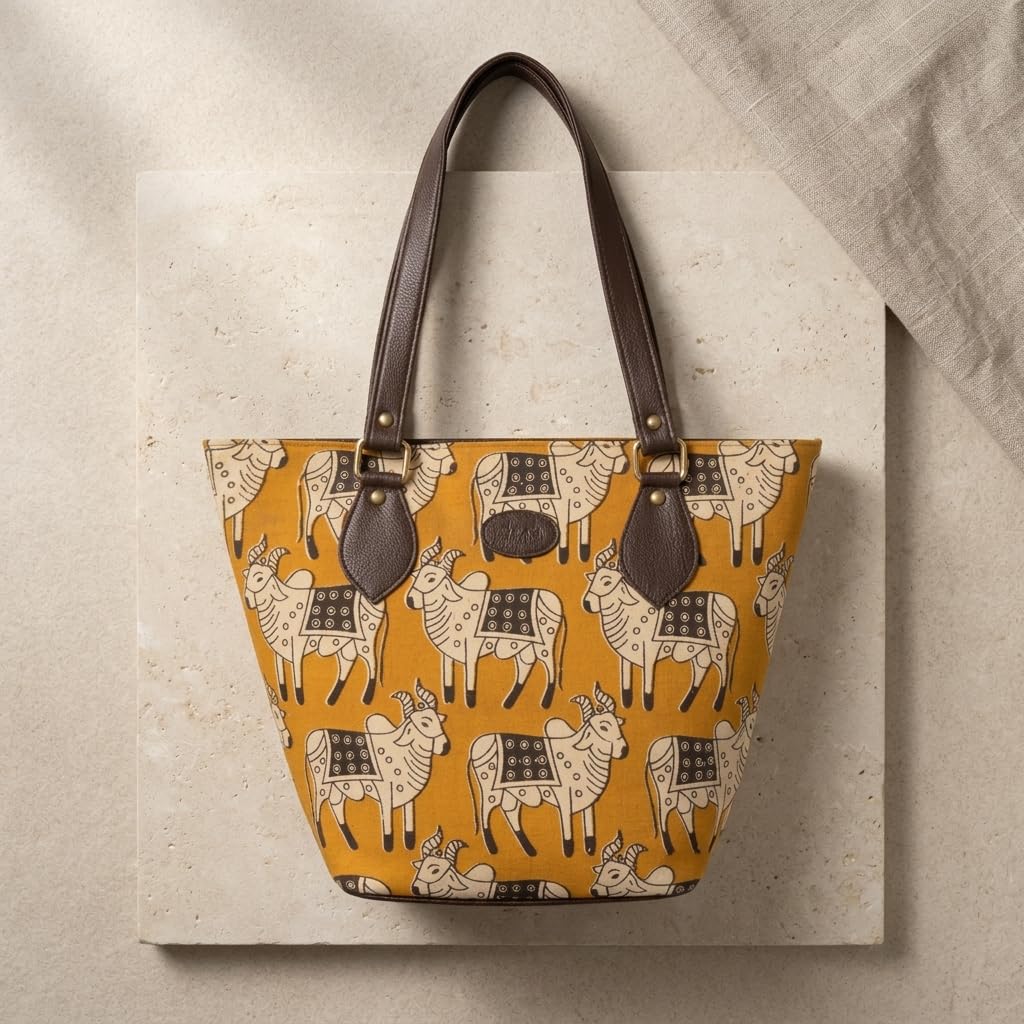 MUMBAI AT HERITAGE Adaa Women's Canvas Tote Bag with Traditional Pichwai Cow Motif Print, Large Capacity Shoulder Handbag with Faux Leather Straps for College Office Travel, Mustard Yellow