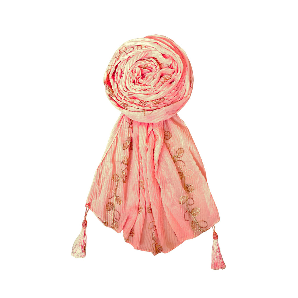 FAHABO Scarf for Women Stylish Pleated Viscose Cotton with Embroidery and Tassels | Hijab Scarf | Stole | Soft, Lightweight, and Latest Scarves | 72 x 33 Inches (Orchid Pinkish Peach)