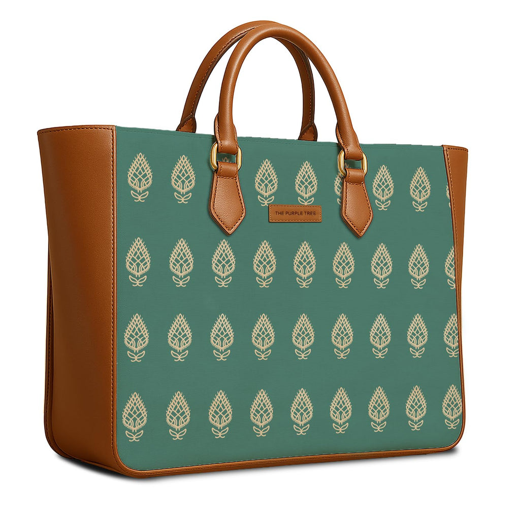 The Purple Tree Women's Office Essential Bag | Vegan Leather Handbag with Laptop Compartment | Spacious Office Bag | Durable Non-Fade Designer Work Tote for Travel, College & Daily Use (Teal Motif)
