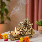 KridayKraft Metal Lord Ganesha On Leaf With Diya Idol For Pooja Room Showpiece For Room,Office & Table,Car And Gift For Have Anniversaries, Birthday, Gold