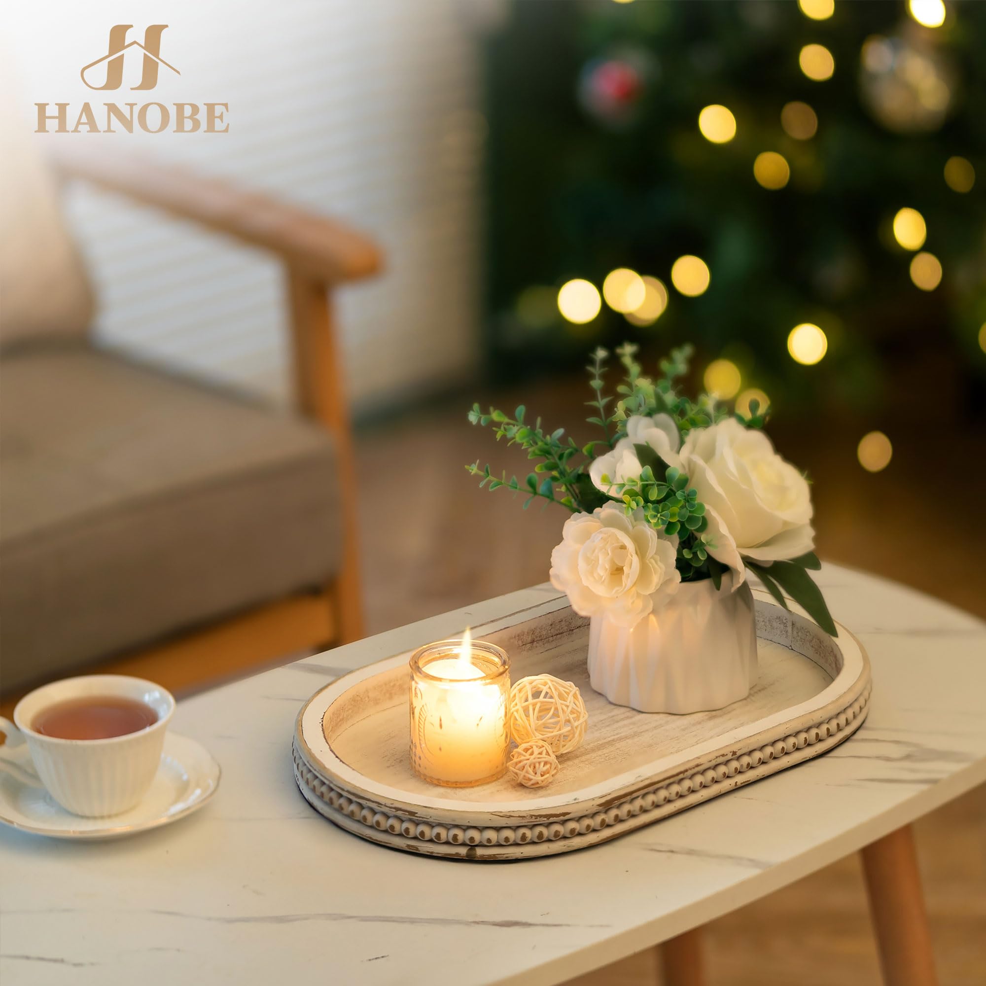 Hanobe Decorative Serving Tray Wood: White Washed Bead Oval Tray for Coffee Table Rustic Wooden Trays Decor Farmhouse Kitchen Counter Tray Vintage Centerpiece for Living Room Home Organizer