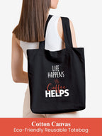 DOODLE Women Eco-Friendly Reusable Cotton Canvas Tote Bag | Inner & Outer Zip Pockets | Ideal for Travel, Shopping, College & Office Use | Caffine Shots, Black