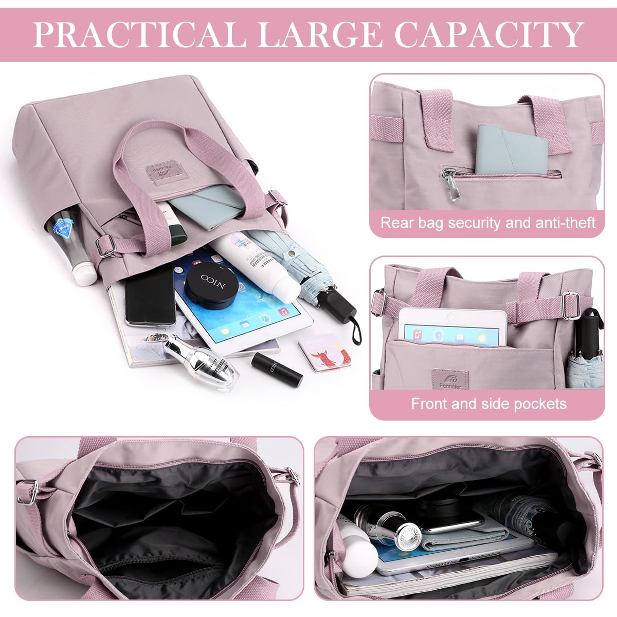 PALAY Tote Bag for College Girls Women Purple Nylon Multi-Pockets Handbag