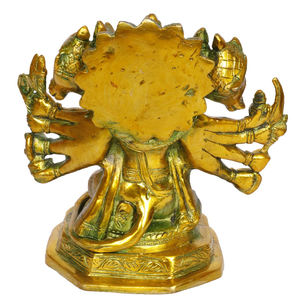 ARTVARKO Brass God Panchmukhi (Five Faced) Bajrangbali Sankat Mochan Hanuman Idol Statue Murti for Home Office Entrance Décor Temple Mandir Pooja Puja Antique Greenish Gold 7 Inches