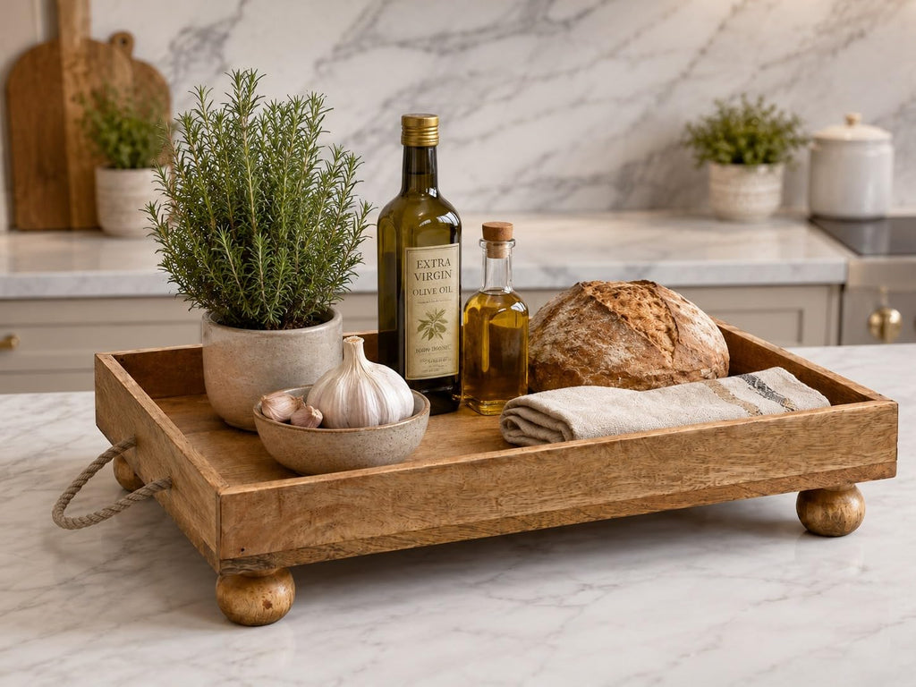 Hamdan Collection Wooden Serving Tray with Rope Handles & Ball Feet | Decorative Coffee Table & Ottoman Tray | Breakfast, Kitchen Counter Organizer & Home Decor (Natural, Single Tray)