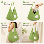 Kawn Crochet Mesh Beach Tote Bag for Women with Flower Brooch | Cotton Linen Knitted Shoulder Bag | Lightweight Boho Summer Handbag for Travel, Shopping & Vacation - (Green)