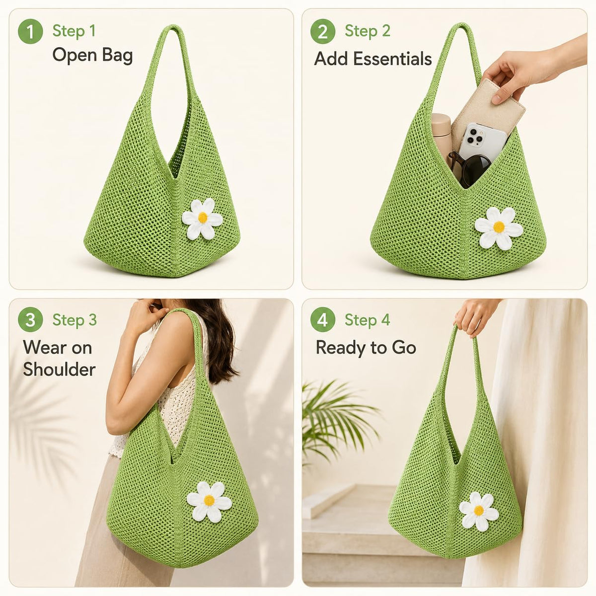Kawn Crochet Mesh Beach Tote Bag for Women with Flower Brooch | Cotton Linen Knitted Shoulder Bag | Lightweight Boho Summer Handbag for Travel, Shopping & Vacation - (Green)