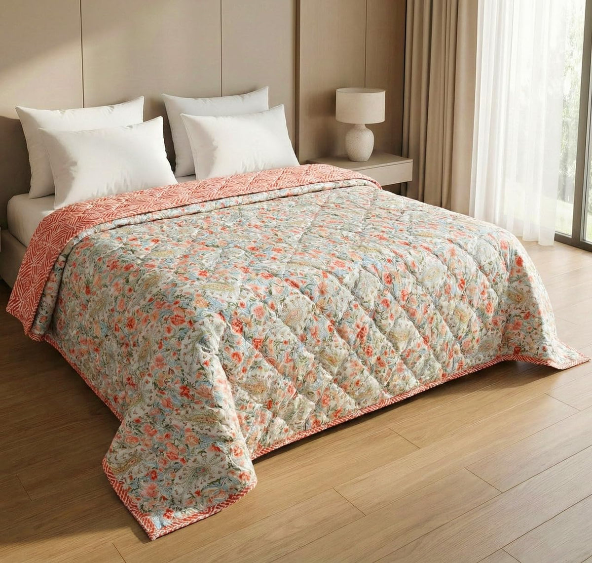 HOMEKART Ultrasonic Quilted AC Comforter 220 GSM (1500g) Premium Microfiber Reversible All-Season Blanket for Double Bed|Ultra Soft, & Lightweight, Quilt/Duvet | Comforter (Red & Green, 225CMx220CM) Kafalo