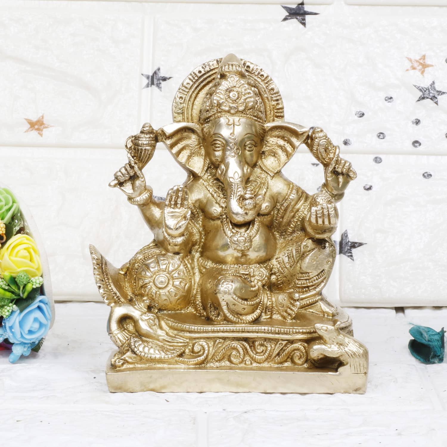 ARTVARKO Brass Lord Ganesha Murti in Resting Blessing Posture Sitting on Singhasana Ganesh Bhagwan Idol Ganpati Metal Statue 5.5 Inch
