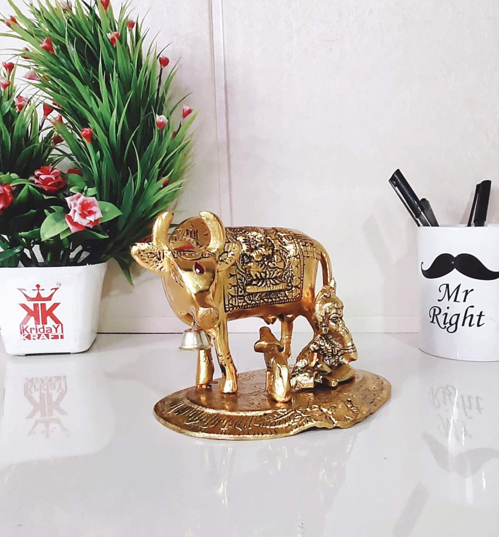 KridayKraft Metal Handicraft Cow,Calf & Krishna Gold Plated Showpiece for Home,Office,Table&Pooja Room.