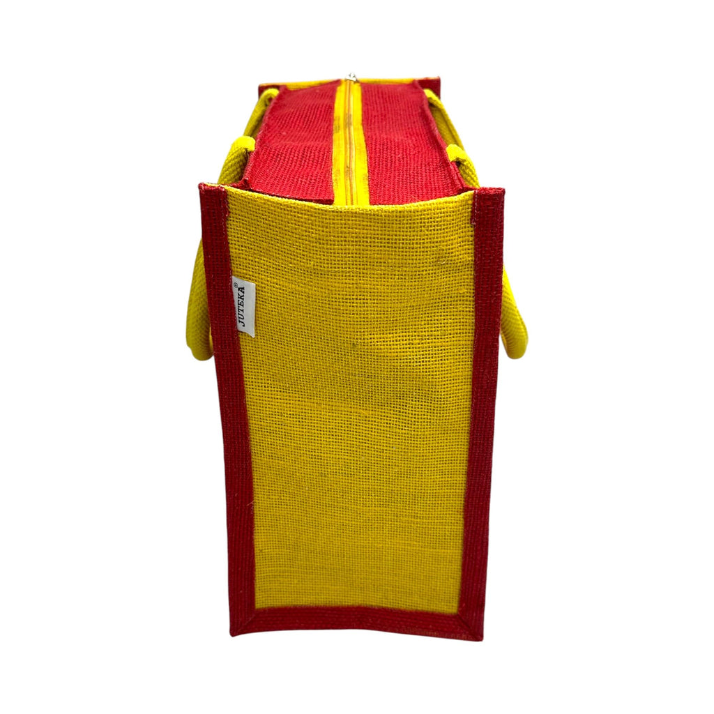 JUTEKA Multicolor Jute Bag for Shopping, Lunch, Tiffin, Grocery with Zip Closure and Padded Cotton Handles… (Red)