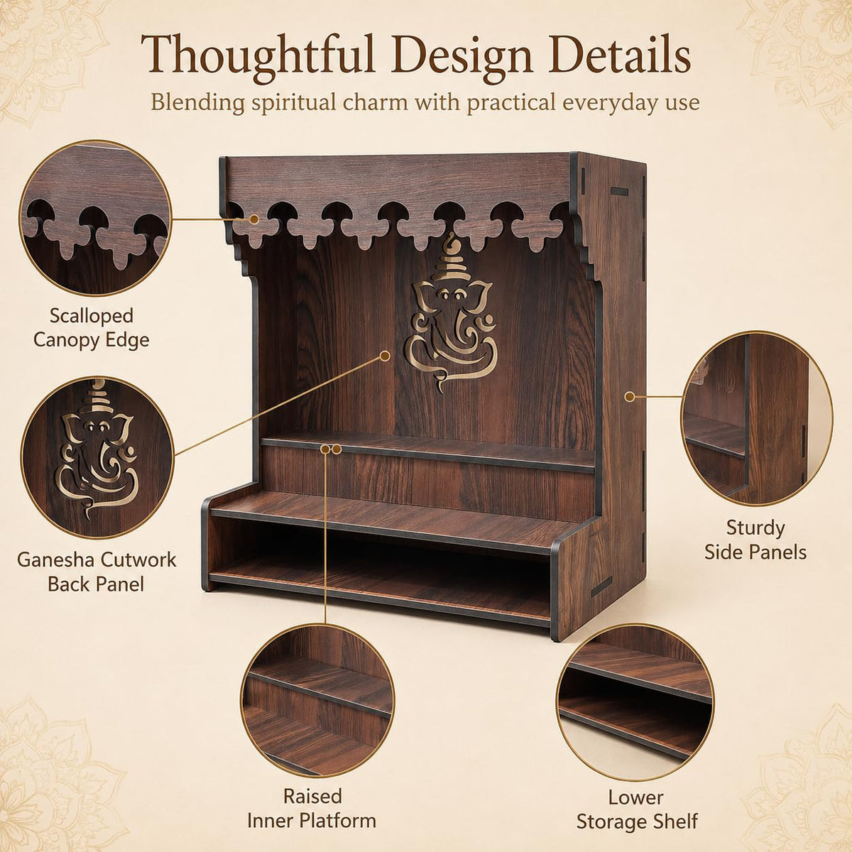 The Castle Decor Wooden Mandir for Home, Wall Hanging & Tabletop Pooja Temple with Ganesha Cutwork, 2-Tier Storage Shelf, MDF Mandir for Pooja Room, Office, Hostel, 13 x 15 x 8 Inch (Design-5)