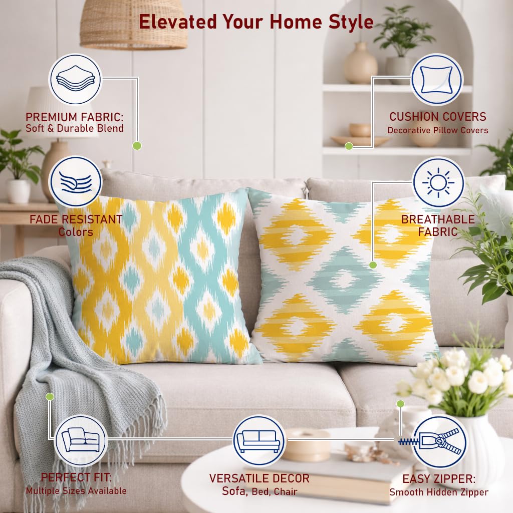 STITCHNEST Set of 2 Polycotton Cushion Covers – 24x24 Inches – Yellow & Aqua Ikat-Inspired Geometric Print – Vibrant Cushion Covers for Sofa, Couch & Living Room | Perfect for Home Decor