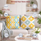 STITCHNEST Set of 2 Jute Cushion Covers – 16x16 Inches – Yellow & Aqua Ikat-Inspired Geometric Print – Vibrant Cushion Covers for Sofa, Couch & Living Room | Perfect for Home Decor