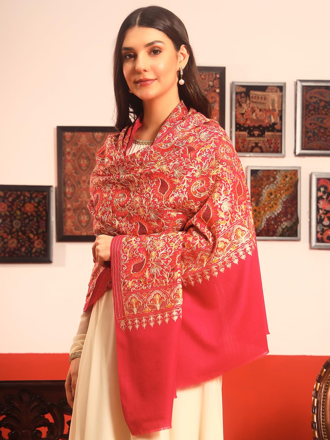 Pashmoda Women Ruhani Fine Wool Nalki Embroidered Shawl (Size: 40x80in, 101x203cm) EMS01