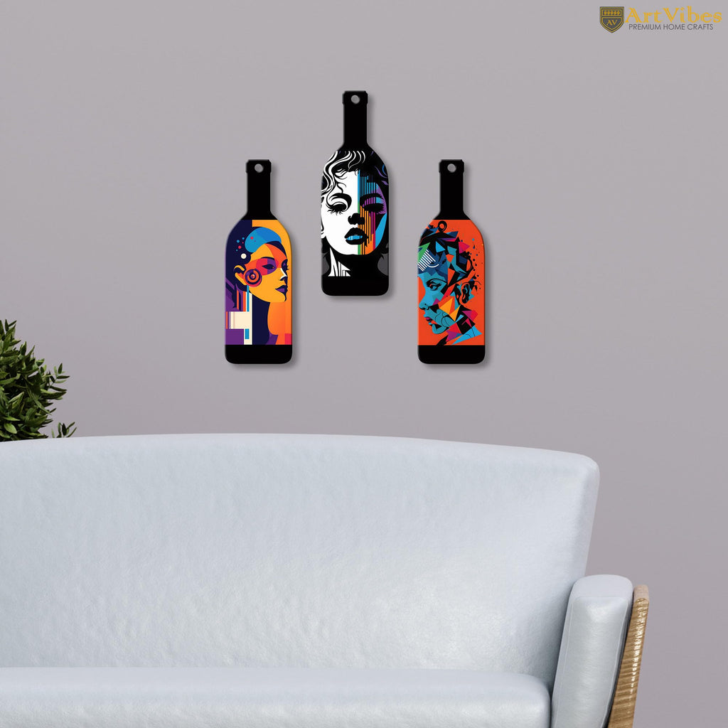 Artvibes Modern Abstract Art Portrait Decor Bottle shaped Wooden Wall Hanging | Living Room | Wall Art Paintings | Wall Poster | Handcrafted Art | Artworks Hangings | Ideal Gifts (WH_9509N), Set of 3