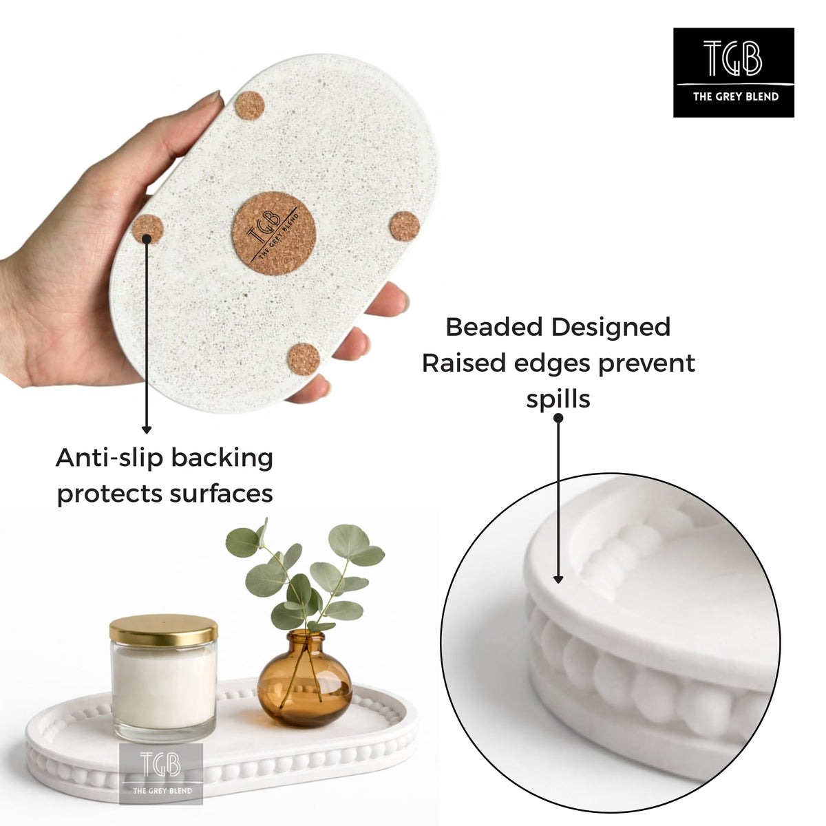 THE GREY BLEND® Bathroom Tray for Countertop, White Concrete Organizer for Toiletries & Soap | Minimal Bathroom Sink Tray (20×12 cm)