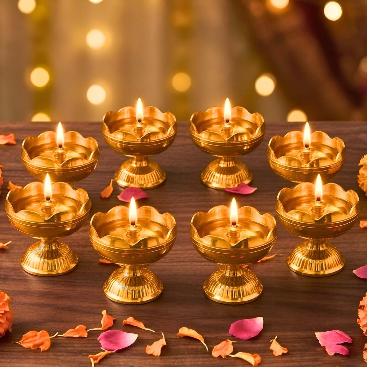 Brass Diya Pure Brass Traditional Oil Puja Lamp for Temple, Mandir, Festival Decoration, Home Decor & Diwali Gift (Flower Bloom, Set of 8)