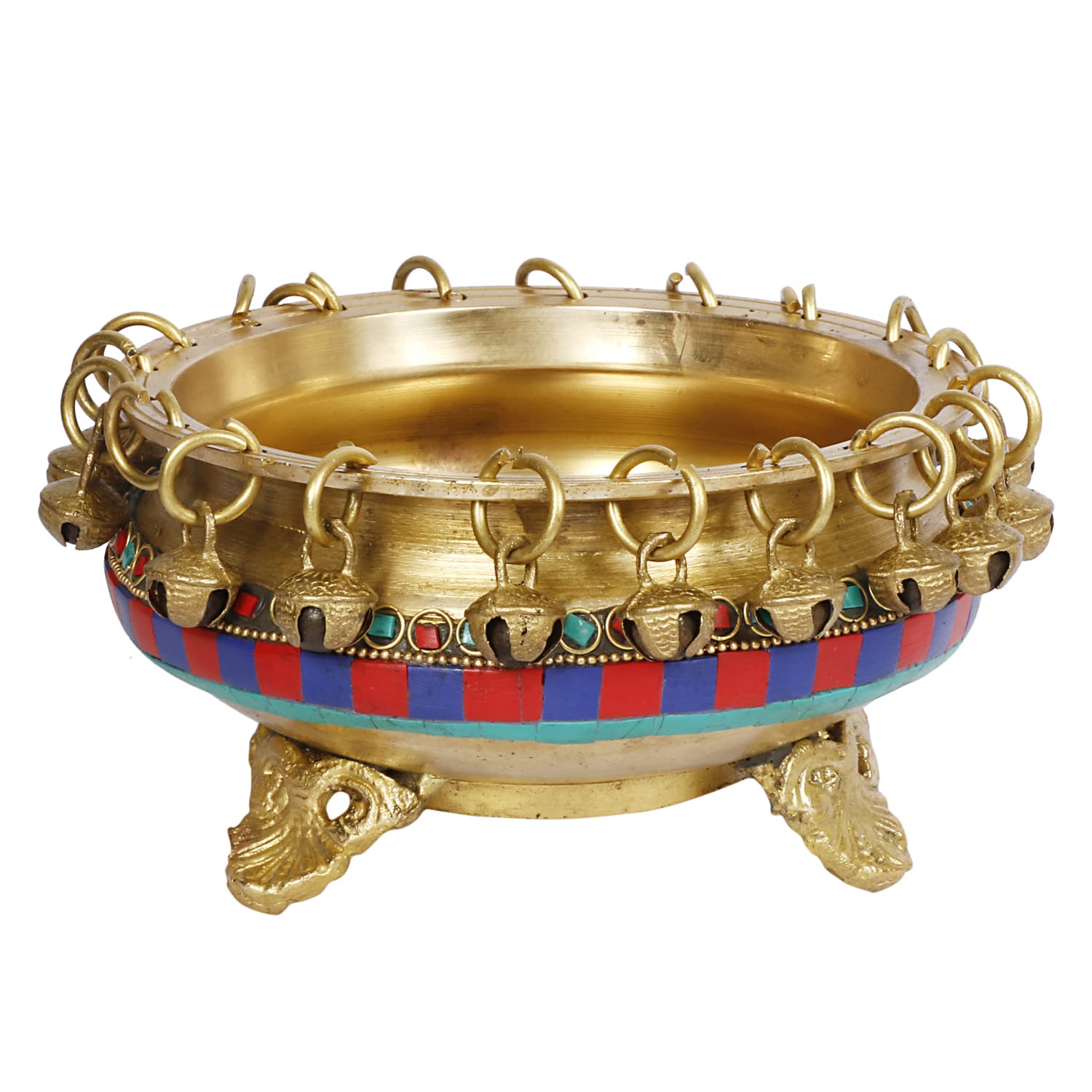 ARTVARKO™ Brass Urli Bowl with Bells Gemstone Work Ethnic Design Pot for Home Decor Temple Room, Gift 6 Inch