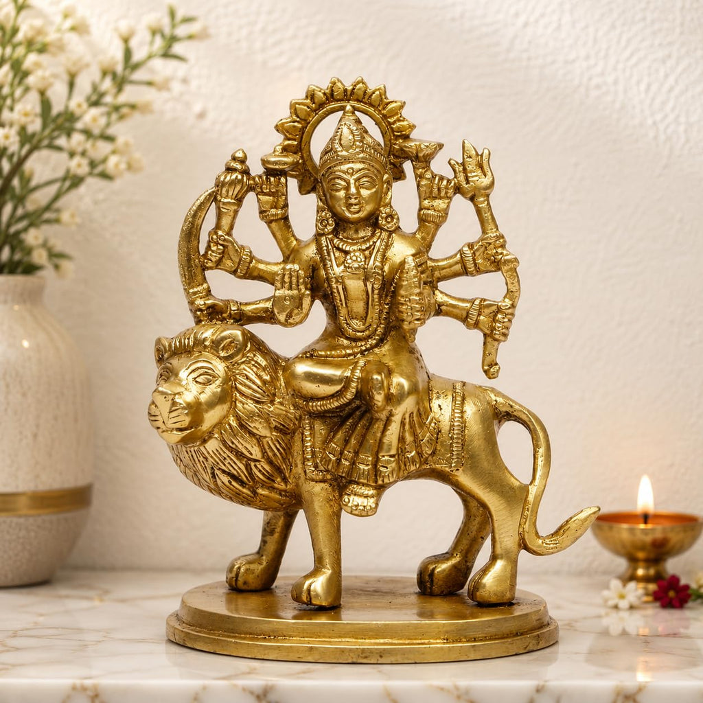 ARTVARKO Pure Brass Durga Maa Sherawali MATA Rani Murti Sitting on Lion for Navratri Puja Home Décor Gift 5.5 Inch