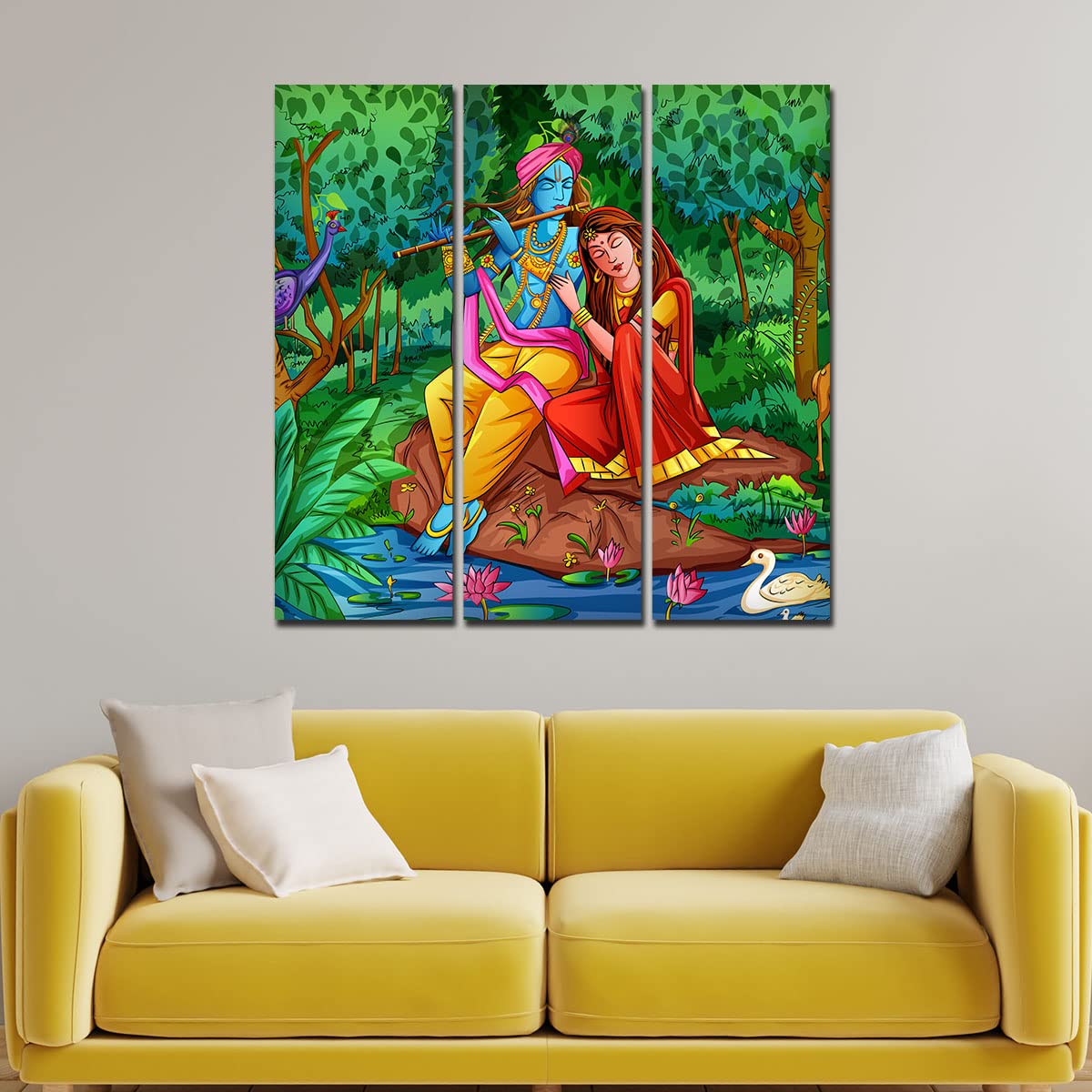 VIBECRAFTS 3 Pieces Radha Krishna In Forest Canvas Wall Painting Fitted With Wooden Frame For Home | Office | Living Room | Gifts (PTVC3Pcs1_9539)
