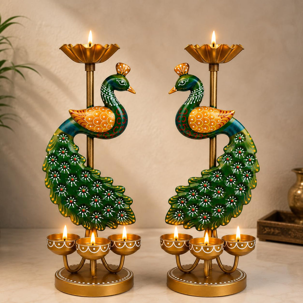 Pranjals House Peacock Tealight Candle Holder, 12 inch, Set of 2