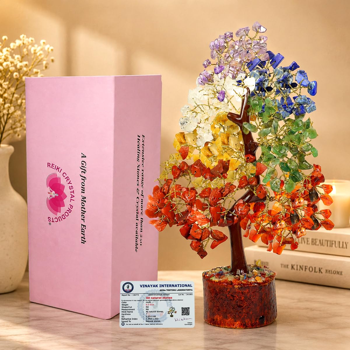 Reiki Crystal Products 7 Chakra Crystal Stone Tree | Natural Seven Chakra Gemstone Tree for Balance, Meditation, Focus, Harmony & Positive Energy | Home Office Décor, Vastu & Feng Shui Gift
