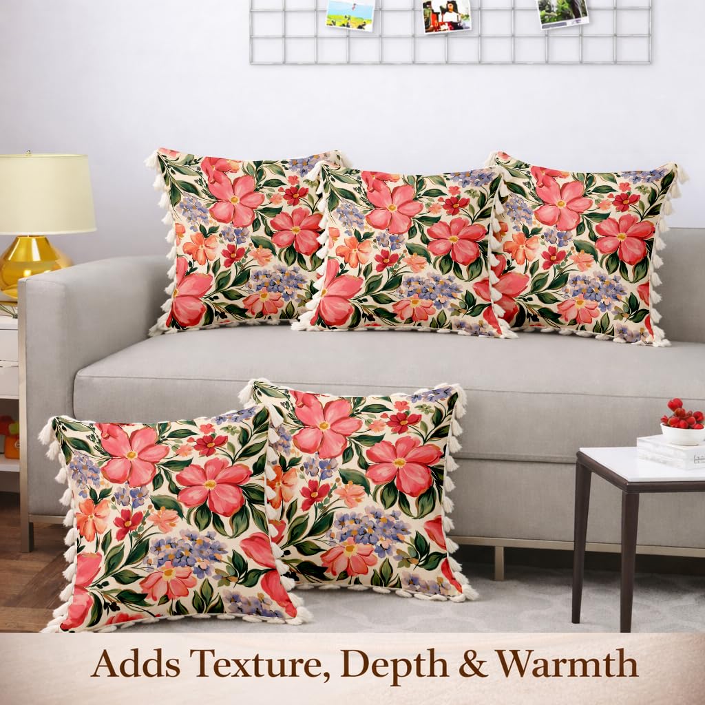 STITCHNEST 'Little Meadow Series' Tassled Cushion Cover | Set of 5 | Floral Cushion Cover 16 inch x 16 inch