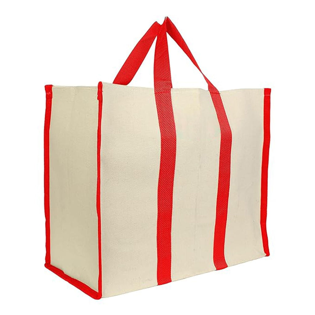 Metsi Big Eco Cotton Canvas Shopping Bag | Large Laminated Reusable Grocery Tote with Reinforced Handles | Heavy Duty, Foldable, Washable, Jhola Bag for Milk, Fruits & Vegetables, Red - Pack of 5