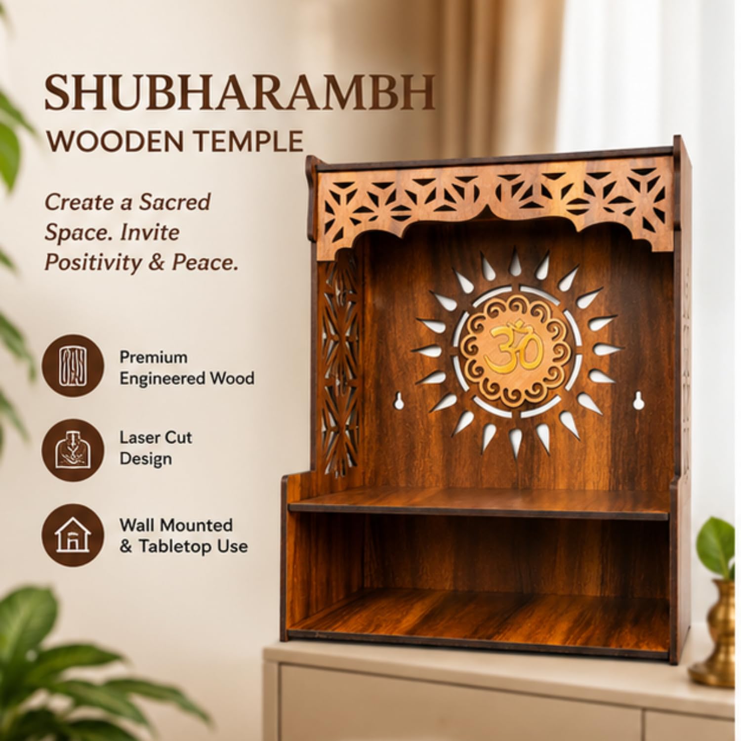 Shubharambh Wooden Temple for Home Pooja | Premium Engineered Wood Mandir with Om Laser Cut Design | Wall Mounted & Tabletop Puja Mandir | Decorative Wooden Temple for Home, Office (12 Inch)