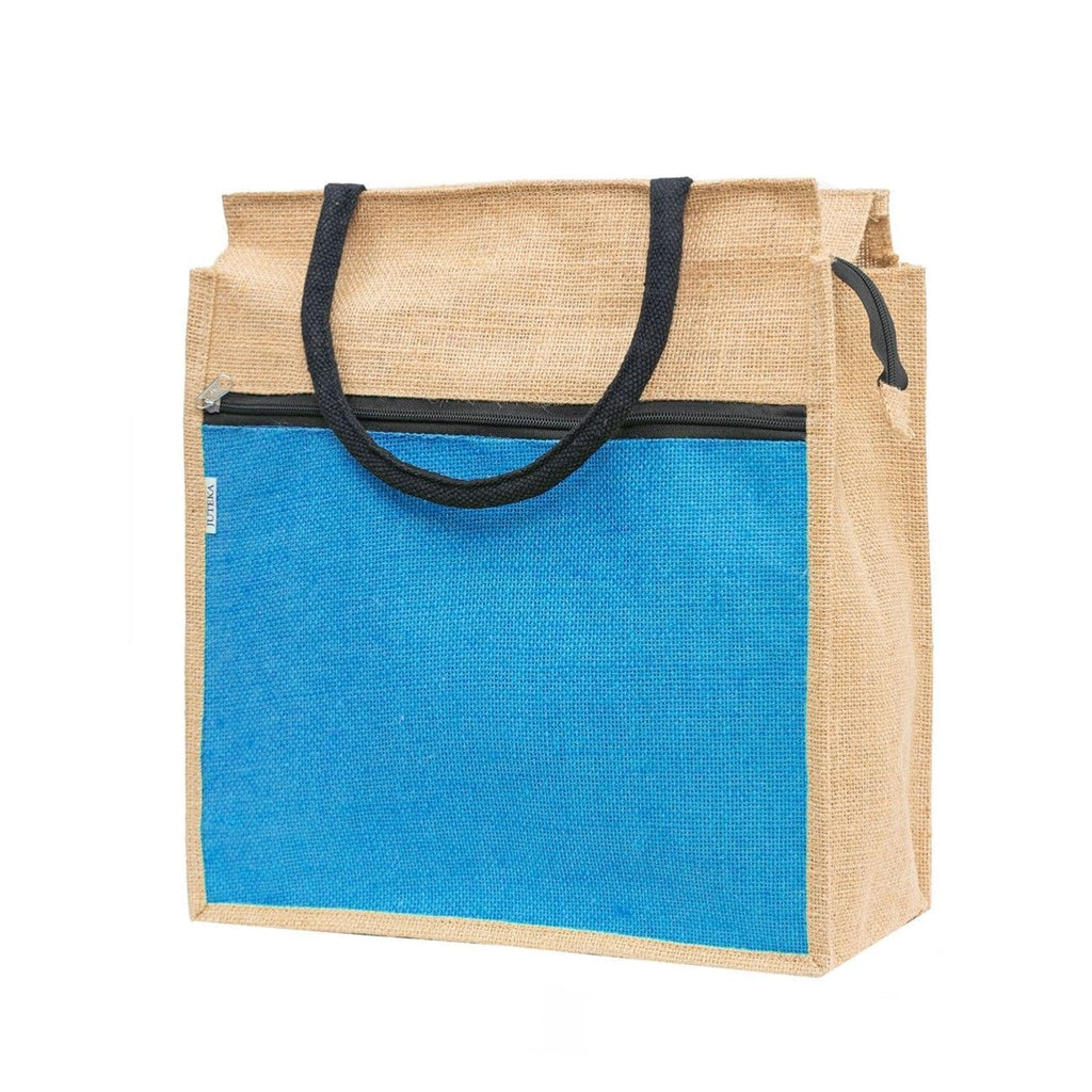 JUTEKA Front Zip Pocket Sky Blue color Jute Bag for Lunch, Office, Grocery, Picnic, Tiffin, Shopping Hand Bag with padded cotton handles…