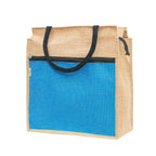 JUTEKA Front Zip Pocket Sky Blue color Jute Bag for Lunch, Office, Grocery, Picnic, Tiffin, Shopping Hand Bag with padded cotton handles…