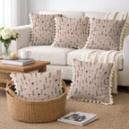 STITCHNEST 'Little Meadow Series' Tassled Cushion Cover | Set of 2 | Floral Cushion Cover 24 inch x 24 inch