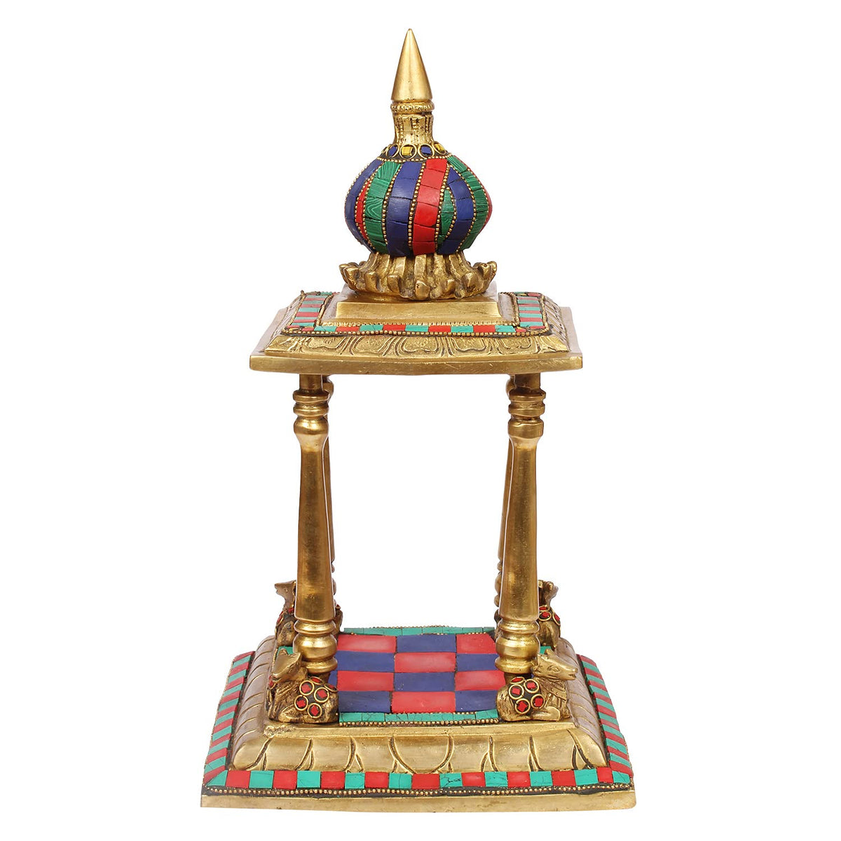 ARTVARKO™ Brass Temple Handcrafted Multicolor Gemstone for Goddess Pooja Ghar Mandir Height 13 Inch.