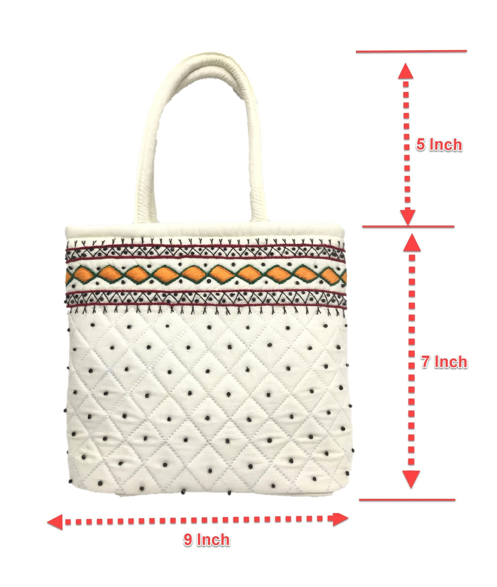 srishopify handicrafts Women Handbag Small Size Banjara Traditional Mini Handle Bag handmade Hand Purse Cotton 9x7x3 Inch Size original Beads Thread Work (white handbag)