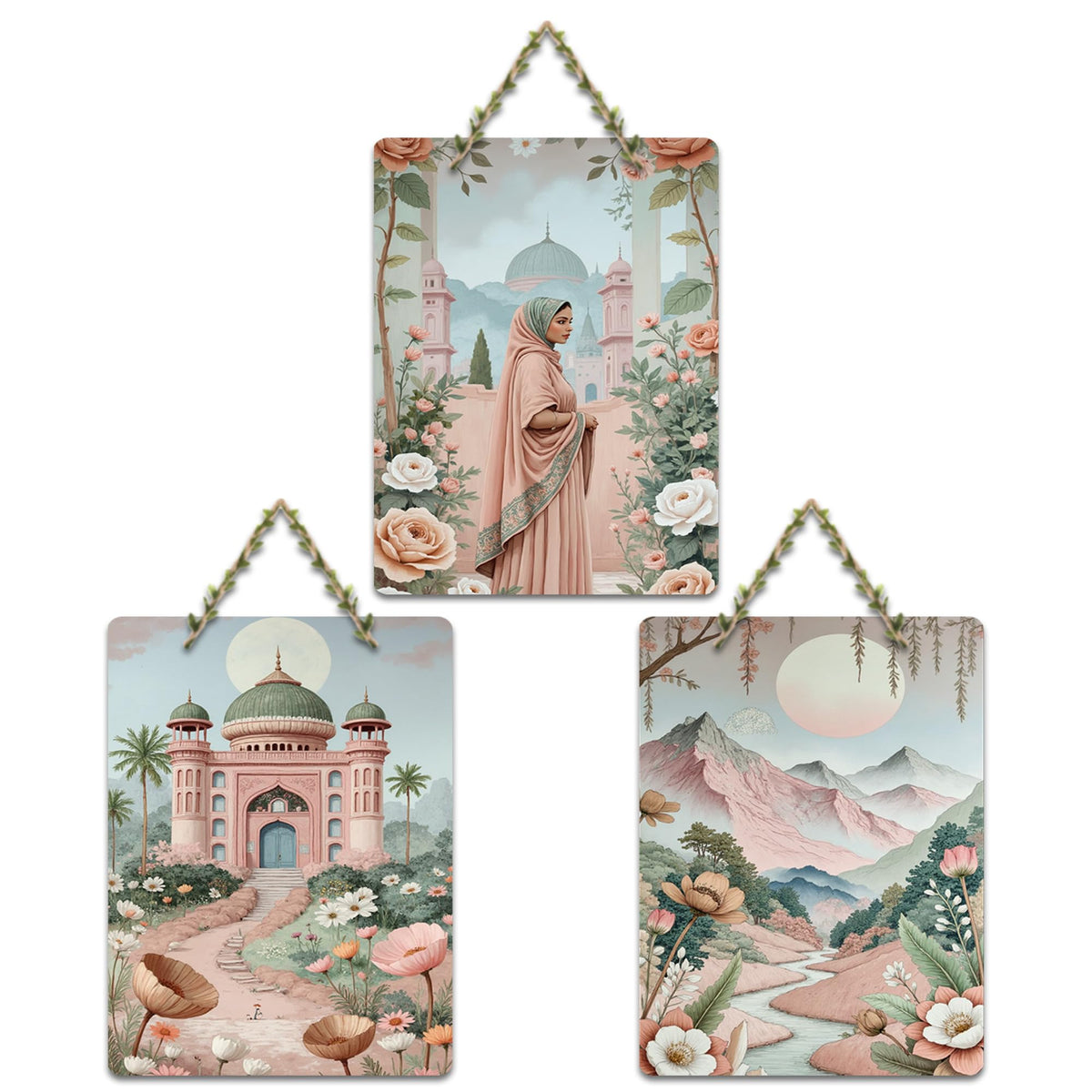 Artvibes Women In Front Of Palace & Mountains With Flowers Wooden Wall Hanger for Home Decor | Art For Wall | Wall Sculpture | Signs & Plaques | Wall Illustrations | Unique Gift (WH_9699N), Set of 3