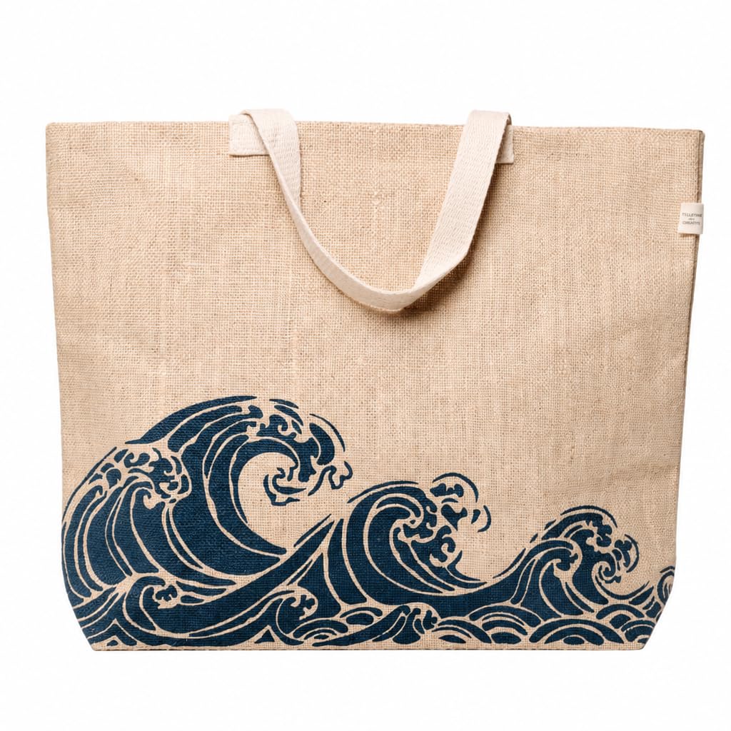 Jute Tote Bag with Cotton Handles | Eco-Friendly Hand Screen Printed Wave Design Shopping Bag | Reusable Natural Jute Bag with Azo-Free Dye Print