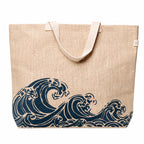 Jute Tote Bag with Cotton Handles | Eco-Friendly Hand Screen Printed Wave Design Shopping Bag | Reusable Natural Jute Bag with Azo-Free Dye Print
