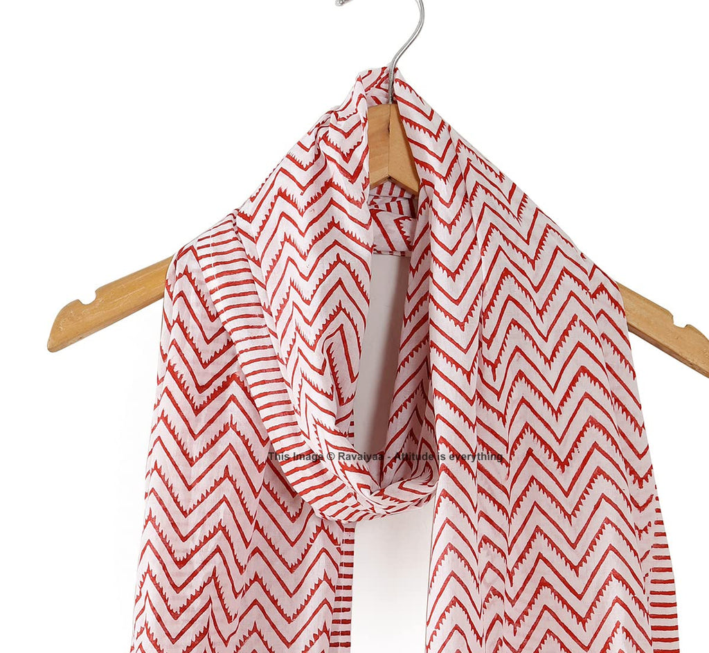 Ravaiyaa - Attitude is everything Hand Block Printed Cotton Long Stole Scarves Hijab Neck Wrap Scarf 71 X 21 Inch (White Red Waves)
