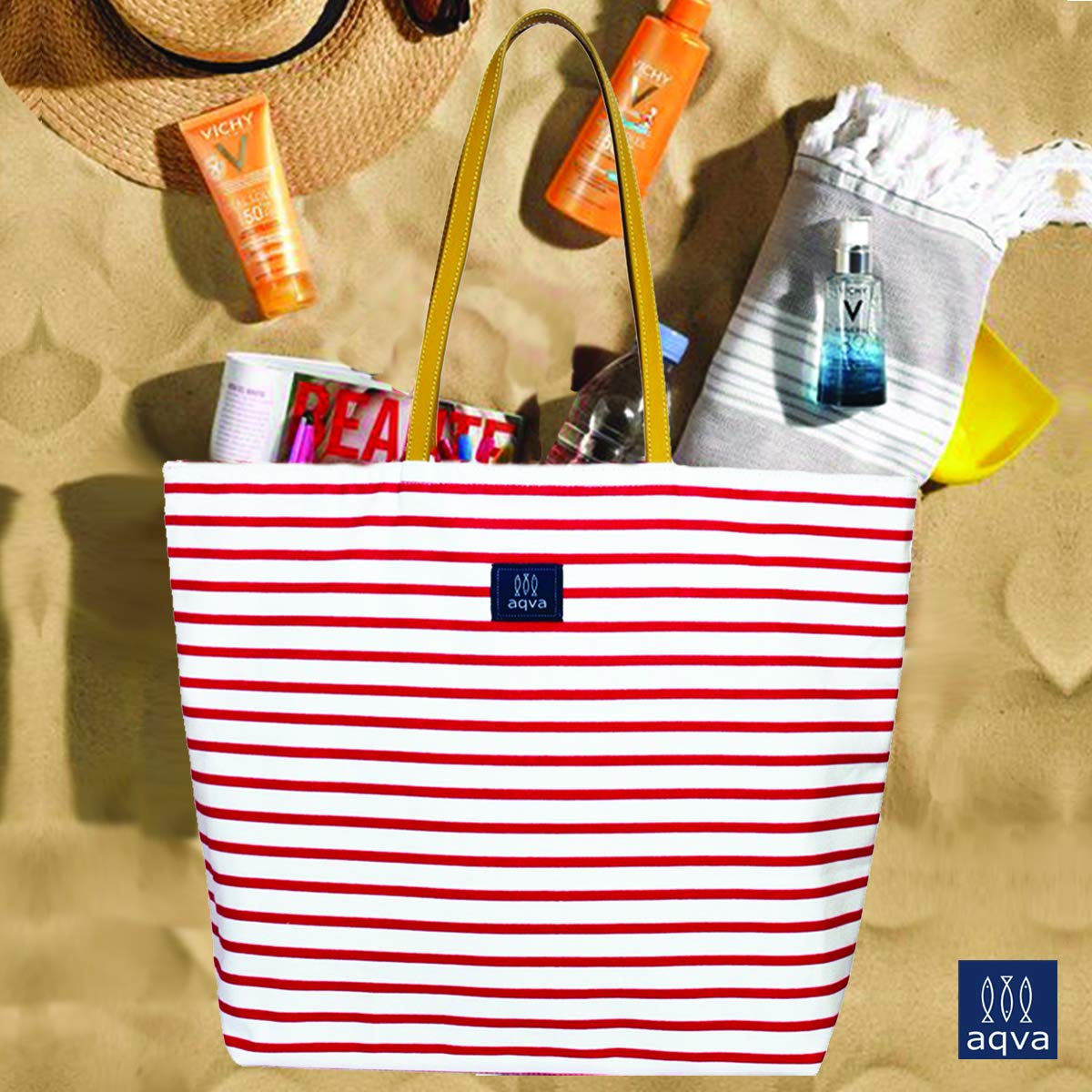 AQVA Printed Reversible Cotton Canvas Tote Bag for Women | Trendy Stylish Multipurpose Handbag with Zip Pockets | Shoulder Bag for Shopping, Grocery, Travel, Beach & Work | Waves