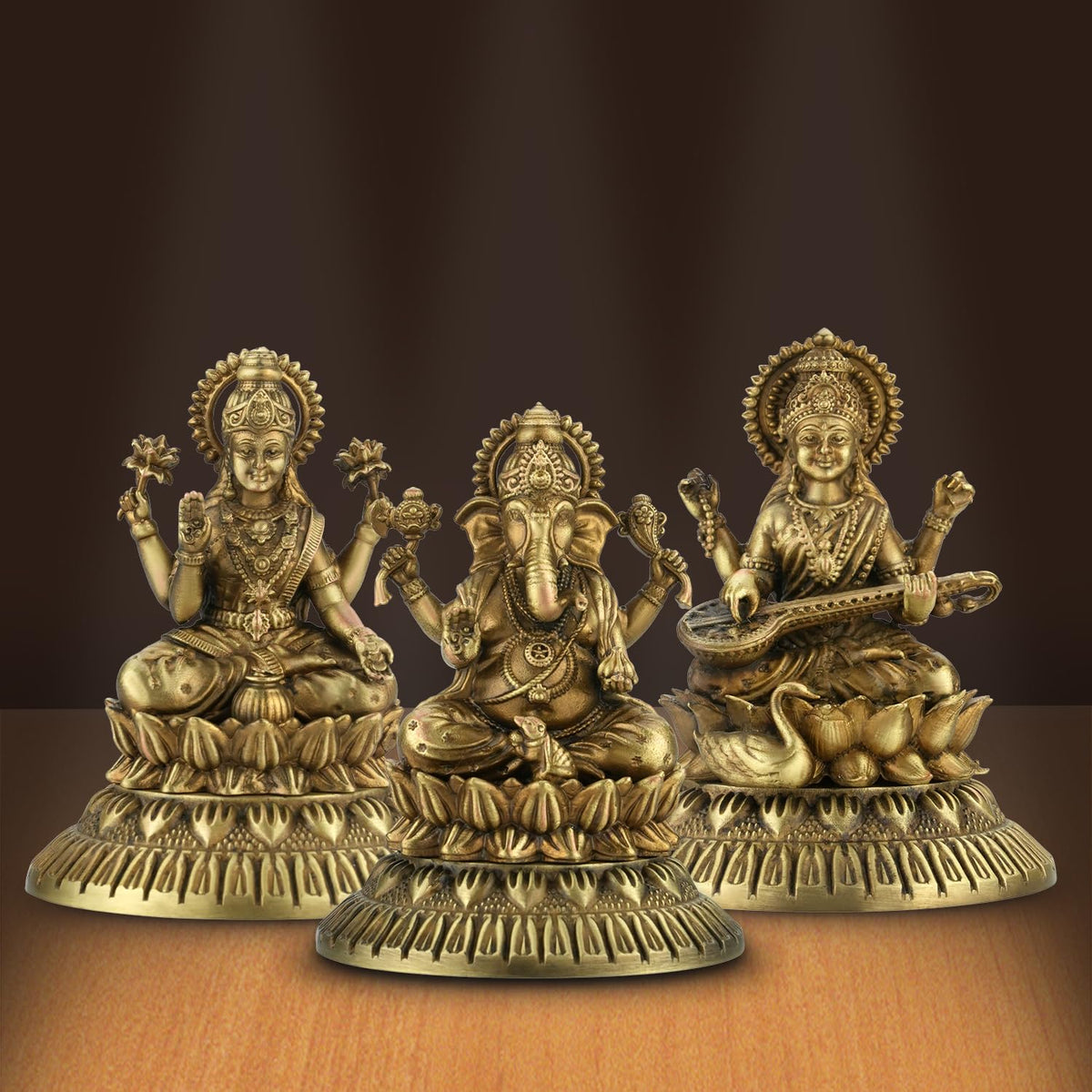 Shilpkala Ganesh, Laxmi & Saraswati Ji Brass Idol 3.5 Inch - Decorative Brass Items for Temple & Home, Spiritual Gift Item for Wedding & Farewell, Statue for Daily Worship (Coffee Antique)