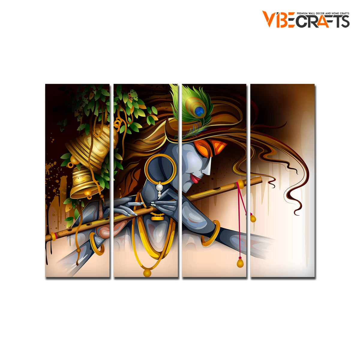 VIBECRAFTS Krishna Playing Flute 4 Pieces Canvas Wall Painting Fitted With Wooden Frame For Home | Office | Living Room | Gift(PTVC4Pcs1_13509)