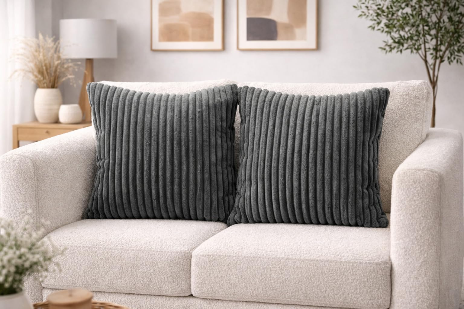 AWARD VELVETS Premium Faux Rabbit Fur Plush Luxury Soft Fluffy Striped Decorative Throw Pillow/Cushion Covers for Sofa, Couch, Living Room - (Dark Gre, 24 x 24 inch) Set of 2